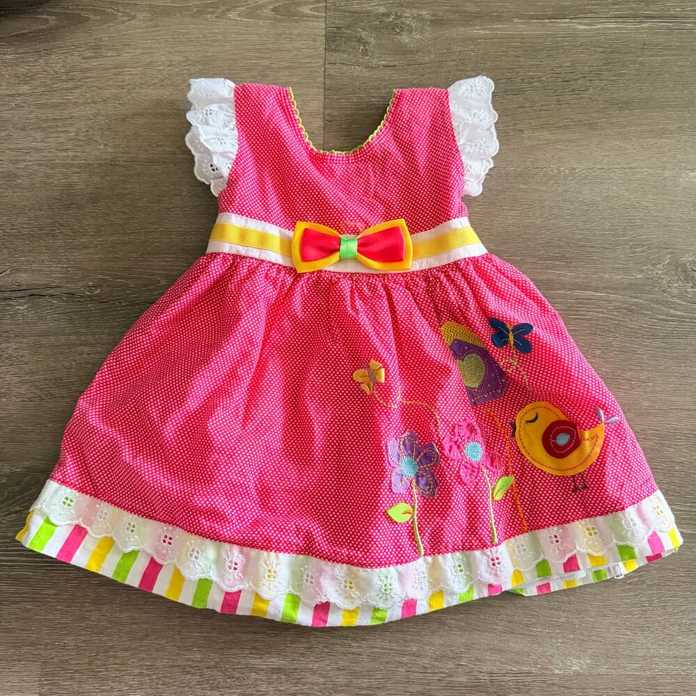 Rare Editions Pink Dress Eyelet Seersucker Polka Dot Embroidered Spring 12 Mon